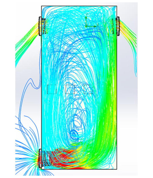 Luftströmmarnas rörelse i elskåpet med en fläkt från Stego